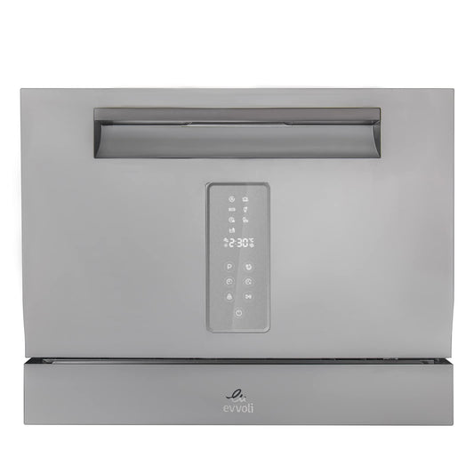 evvoli Mini Dishwasher 6 Place setting 7 Programs With High Washing capacity, Adjustable Shelf, Quiet operation - EVDW-6MS, Platinum Silver