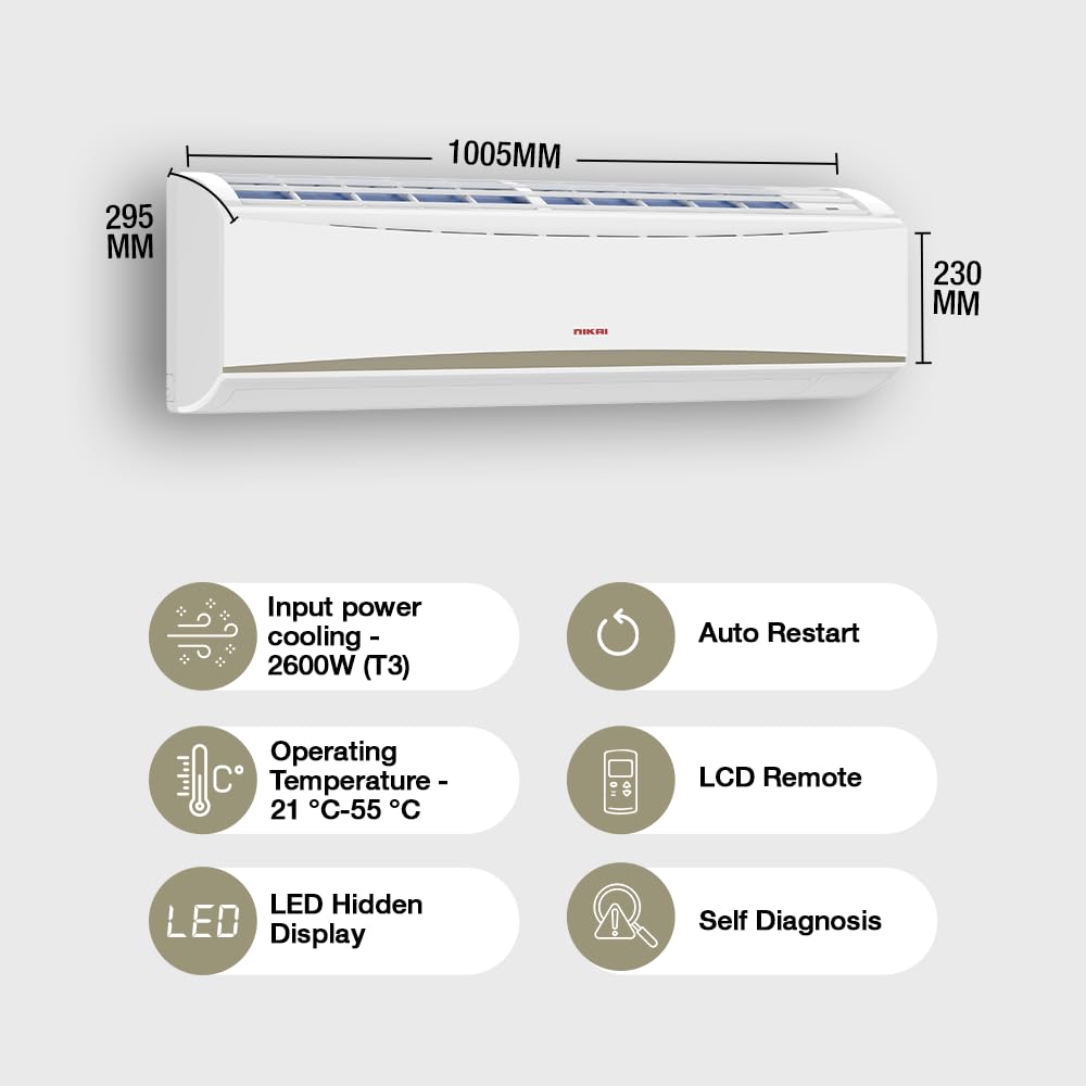 Nikai Split Air Conditioner 2 Ton, Energy Efficient Cooling with T3 Tropical Rotary Compressor, Turbo Mode with 4 Way Swing, 24000 BTU AC, Gold Fin, Auto Restart, Ideal for Home & Office NSAC24131N23