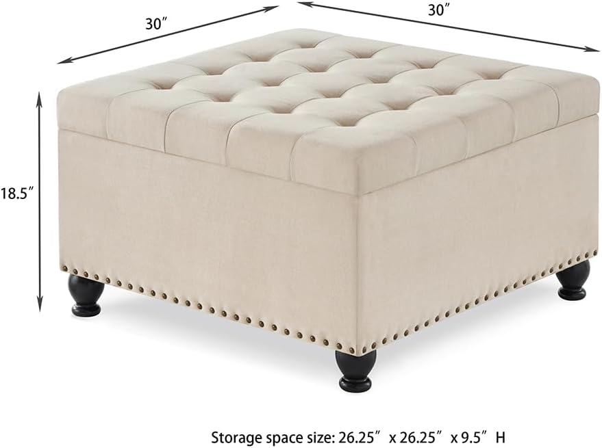 SPOFLYINN 30" L Square Storage Ottoman Bench, Upholstered Tufted Button Storage Bench with Nails Trim, Storage Toy Box Footrest Bench for Living Room, Bedroom Linen One Size