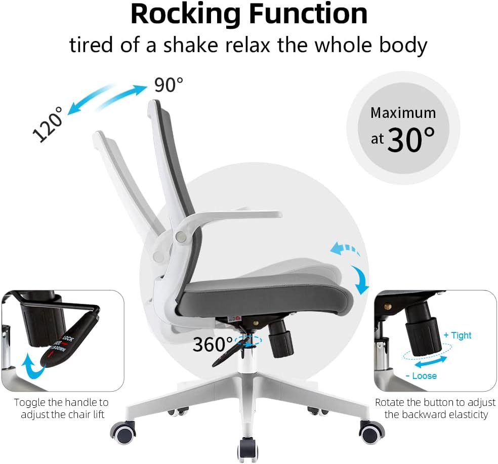 SIHOO Ergonomic Office Chair, Swivel Desk Chair Height Adjustable Mesh Back Computer Chair with Lumbar Support, 90° Flip-up Armrest (Grey)