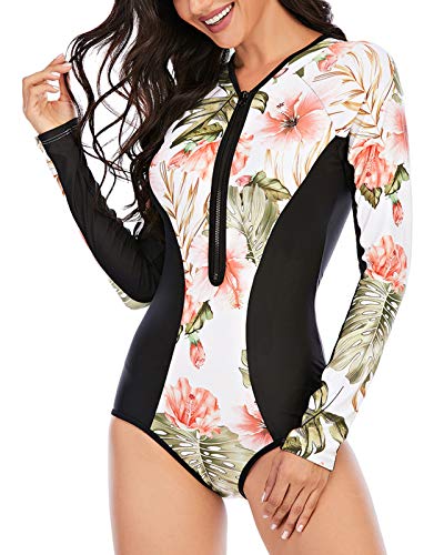 Maeau Women's Long Sleeve Rash Guard UV Protection Zipper Printed Surfing One Piece Swimsuit Bathing Suit