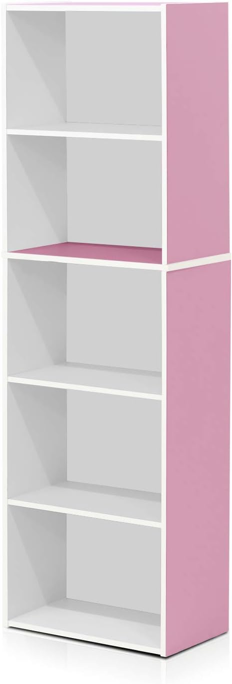 Furinno 5-Tier Reversible Color Open Shelf Bookcase, White/Pink 11055WH/PI