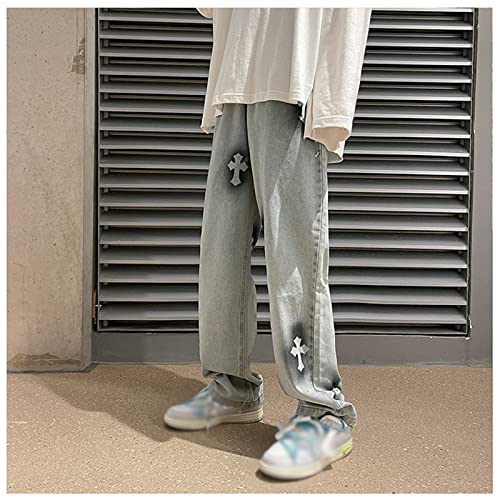 Men Jeans Baggy Straight Relaxed Cargo Work Pants With Pockets, Men's Loose Hip-hop Printed Baggy Denim Jeans