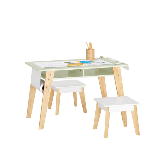 SoBuy (UAE STOCK) KMB92-GR, Children Table and 2 Stools Set, Art Table with Storage Shelves and Paper Roll Holder, Children Kids Table Set for Drawing, Studying