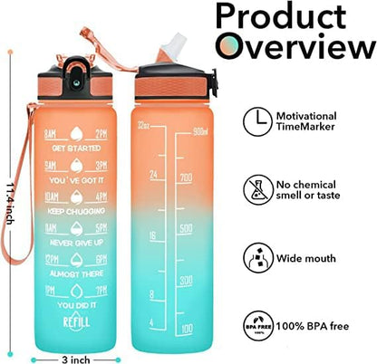 S2C™ Motivational Large Water Bottle 1L Tritan Plastic Water Bottle With Time Markers, Leak Proof Water Bottle For Kids, School Water Bottles (GREY)