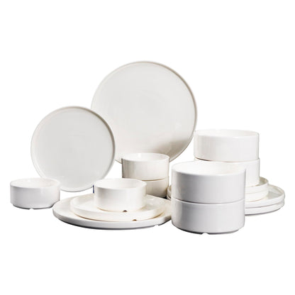 Techplus 16-Piece White Ceramic Dinnerware Set – 10.5-Inch & 8-Inch Plates, 6-Inch & 4.5-Inch Bowls – Microwave, Dishwasher, Oven Safe – Modern Minimalist Design for Dining, Serving, and Entertaining