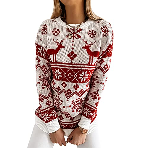 Women Sweater Christmas Oversized Pullover Sweaters Reindeer Snowflake Graphic Long Sleeve Crew Neck Knit Tops