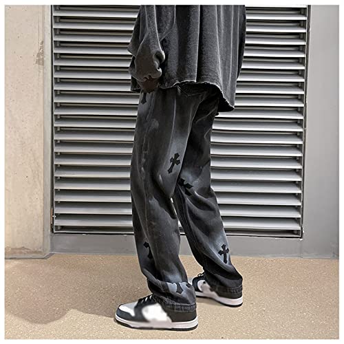 Men Jeans Baggy Straight Relaxed Cargo Work Pants With Pockets, Men's Loose Hip-hop Printed Baggy Denim Jeans