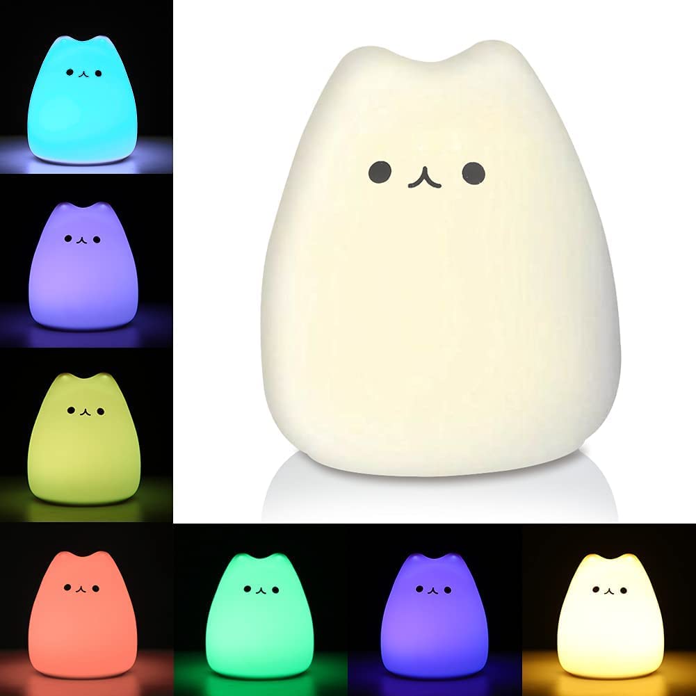 LED Cat Night Light, Battery Powered Silicone Cute Cat Nursery Lights with Warm White and 7-Color Breathing Modes for Kids Baby Children (Mini Celebrity Cat)