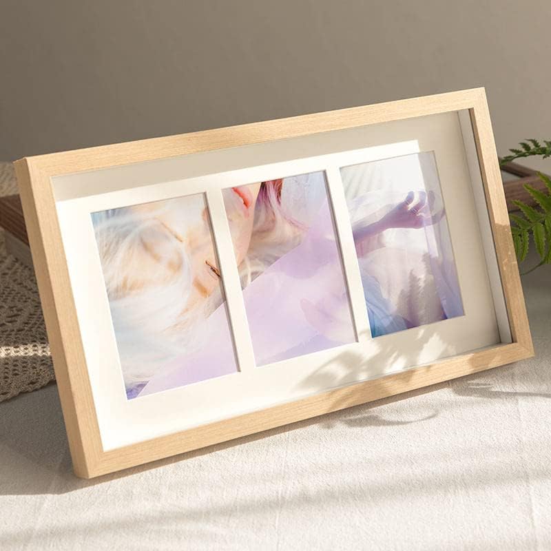 Table Top Decorative Gallery MDF Triple Pictures Photo Frame - displays Multi Photos- Three of 4"x6" pictures - Plexiglass Cover(white oak)