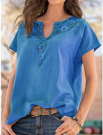 Womens Embroidered Top Blouses Casual Peasant Shirts Short Sleeve Floral Printed Bohemian Tshirts