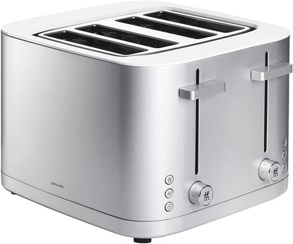 Zwilling Enfinigy Toaster 4 Slice Silver. 1000 watts. 8 separate heating elements. Soft lift & extra lift features. 7 browning levels. 3 automatic programmes: thaw, warm & bagel. Automatic shut-off.