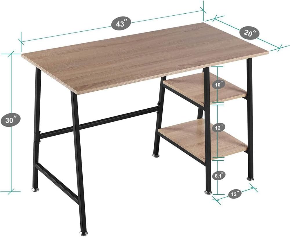 COOLBABY Simple Style Wood Table & Metal Frame Home Office Computer Desk Writing Study Workstation with 2 Tier Storage Shelves,43 inch