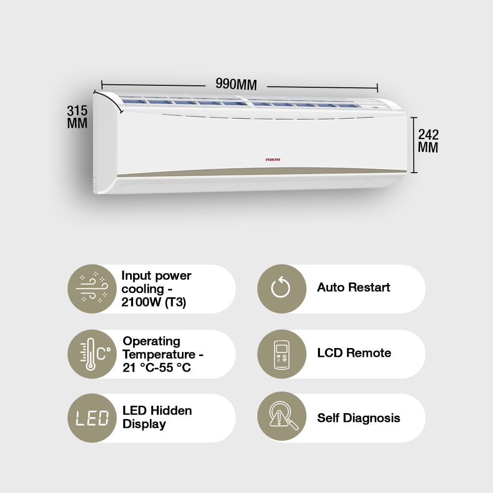 Nikai Split Air Conditioner 2 Ton, Energy Efficient Cooling with T3 Tropical Rotary Compressor, Turbo Mode with 4 Way Swing, 24000 BTU AC, Gold Fin, Auto Restart, Ideal for Home & Office NSAC24131N23