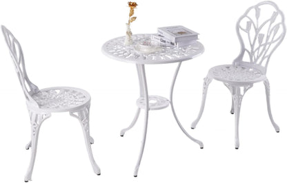 KAI LI Patio Bistro Sets 3 Piece cast Aluminum Patio Furniture Outdoor Garden Metal Rust Proof Tables and Chairs White bisrto Set (Big Tulip-White)