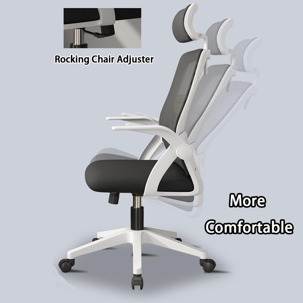 Home Office Desk Chairs Computer Chair Gaming Chair Ergonomic Home Office Desk Chair, Comfortable Mesh Back Lifting Swivel Work Chair with Lumbar Support＆ 3D Headrest Latex Seat Cushion (White B)