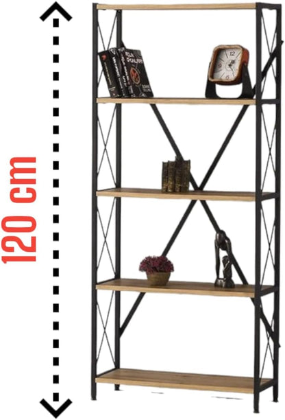 REKO -Ladder Shelf, 5 Tier Bookshelf, Storage Rack Shelves 120 cm high x 70 cm width, Bathroom, Living Room, Wood Look Accent Furniture, Metal Frame, Rustic Brown + Black