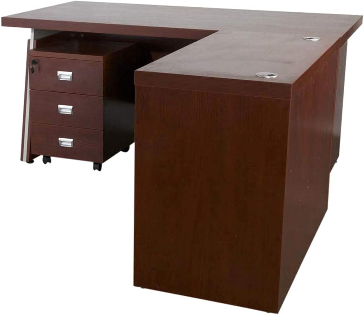 Mahmayi Zelda M225-16 Modern Executive Desk with Check Writing Ledge, Underneath Storage Cubby, Locking Drawer, and Storage Cabinet - Office Furniture for Productivity - Walnut/White (160cm)