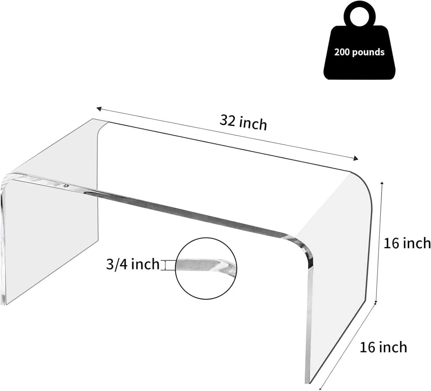 MESAILUP Acrylic Coffee Table, 32" L x 16" W x16'' H x3/4'' Thick Modern Waterfall Coffee Table for Living Room, Clear Rectangle Tea Table with Round Edges