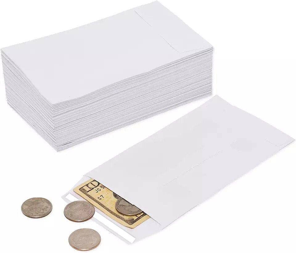 MARKQ White Coin Envelopes 6” x 4” Kraft Self-Adhesive Seed Envelopes for Small Items Parts, Wages, Notes, Beads, Garden, Office (50 Pack)