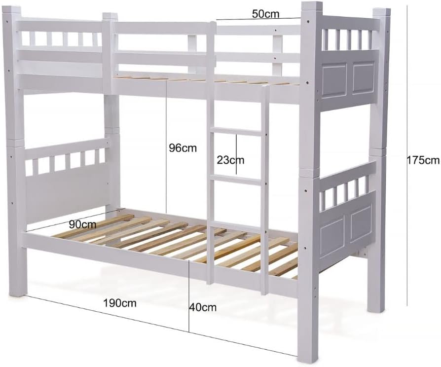 Karnak Heavy Duty Wooden Bunk Bed With Ladder for Kids, Teens, Bedroom, Guest Room Furniture, Solid Wooden Bed, Full-Length Guardrail Color White