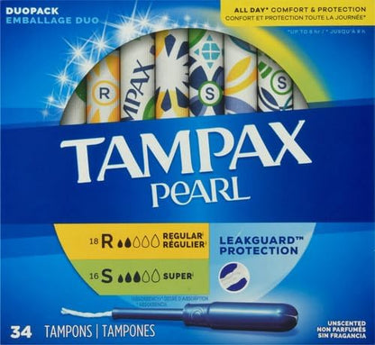 Tampax Pearl Absorbency with Leak Guard Braid Duo Unscented Tampons, Regular/Super, 34 Count