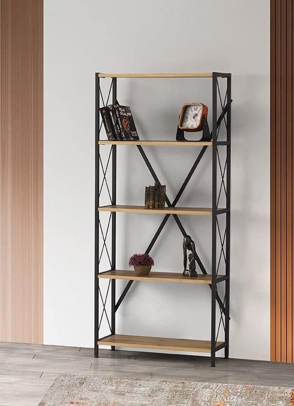 REKO -Ladder Shelf, 5 Tier Bookshelf, Storage Rack Shelves 120 cm high x 70 cm width, Bathroom, Living Room, Wood Look Accent Furniture, Metal Frame, Rustic Brown + Black