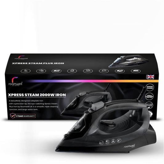 Roomwell UK Lightweight Xpress Steam Iron, Auto-off Function, Continuous & Vertical Steam (Black)