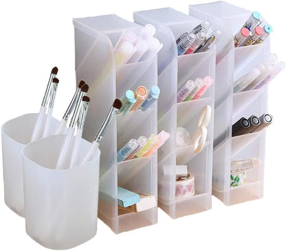 Marbrasse 3 Pcs Big Desk Organizer- Pen Organizer Storage for Office, School, Home Supplies, Translucent White Pen Storage Holder, High Capacity, Set of 3, 12 Compartments (White Big Pen Holder)