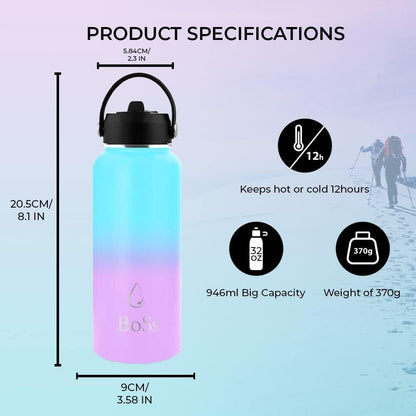 Boss Insulated Stainless Steel Water Bottle, Vacuum Insulated Water Bottle, Double Walled Bottle, Vacuum Bottle For Gym, to keep Water Hot and Cold, (Sky Blue - Pink)