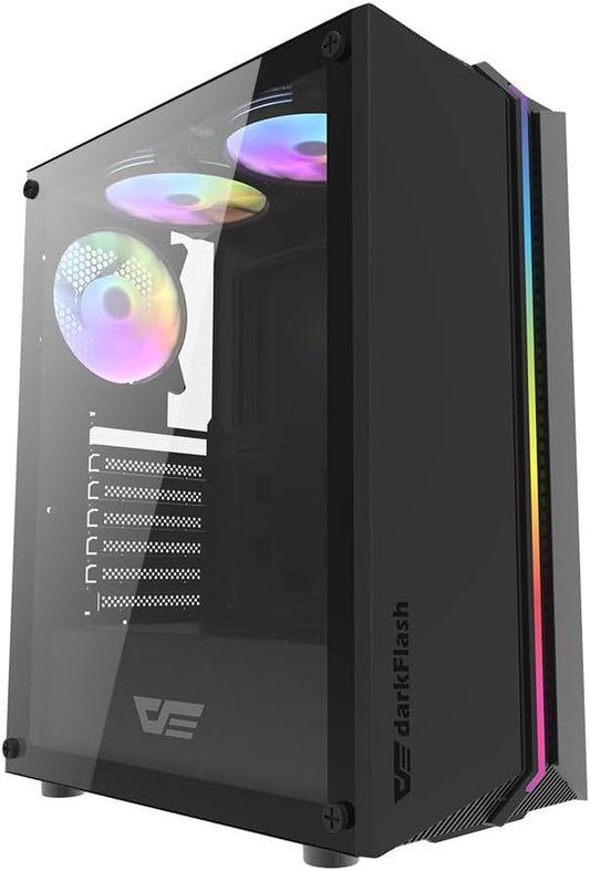 Darkflash DK151 ATX/M-ATX/ITX Computer Case With 3 Pre-Installed Static Fans, Features Changeable LED Strip Lights & Tempered Glass Panel- Gaming PC Case