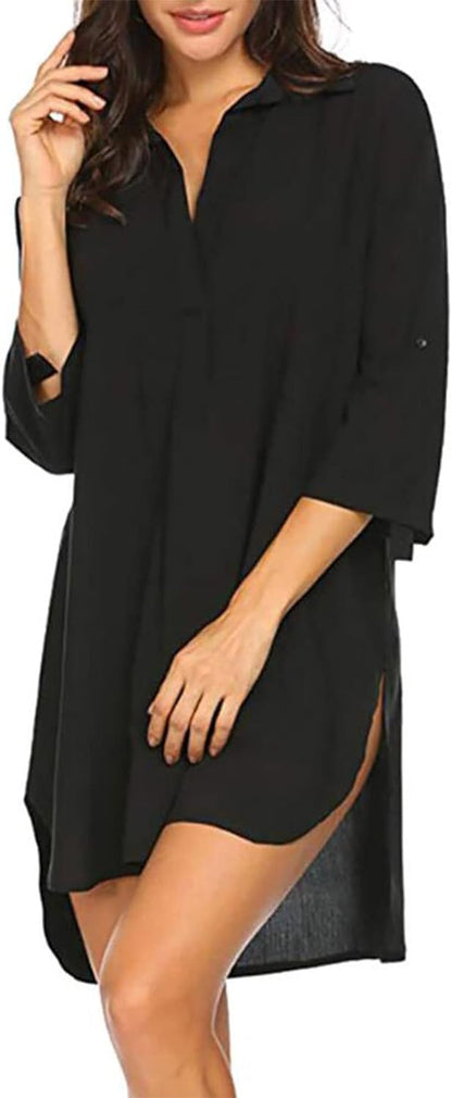 Women Plus Size Swimsuit Cover Up Shirt Deep V Neck Bikini Cover Up Solid Beach Dress