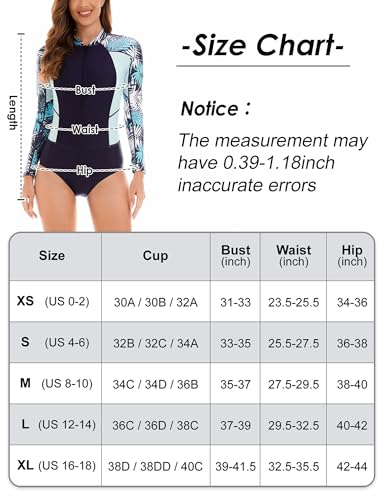 Maeau Women's Long Sleeve Rash Guard UV Protection Zipper Printed Surfing One Piece Swimsuit Bathing Suit