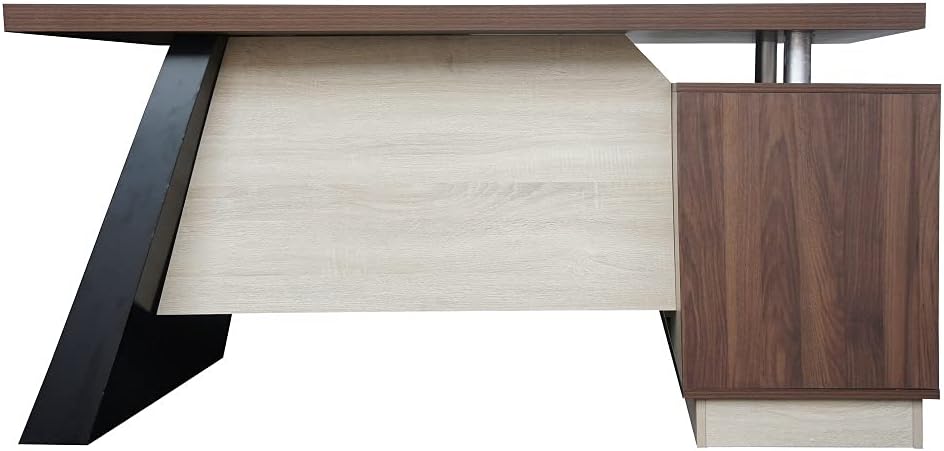 Mahmayi Zelda M225-16 Modern Executive Desk with Check Writing Ledge, Underneath Storage Cubby, Locking Drawer, and Storage Cabinet - Office Furniture for Productivity - Walnut/White (160cm)