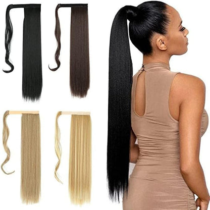 Long Straight Ponytail Extension Wrap Around Off Black Synthetic Hair Extensions One Piece Hairpiece Pony Tail Extension for Women (STRAIGHT, 1B)