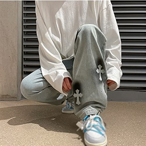 Men Jeans Baggy Straight Relaxed Cargo Work Pants With Pockets, Men's Loose Hip-hop Printed Baggy Denim Jeans