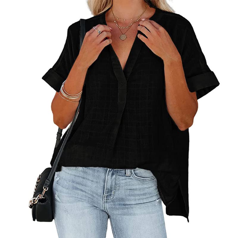 Women's Summer Casual Split V Neckline Chiffon Blouses Loose Office Business Work Blouse