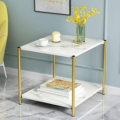 Coffee Tables for Living Room, Double-Layered Square End Side Tables Sofa Table, Modern Marble Nesting Table with Metal Frame Legs Set of 2 (White+square+Golden frame)