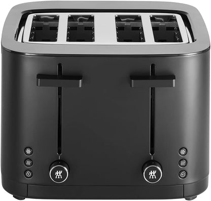 Zwilling Enfinigy Toaster 4 Slice Silver. 1000 watts. 8 separate heating elements. Soft lift & extra lift features. 7 browning levels. 3 automatic programmes: thaw, warm & bagel. Automatic shut-off.