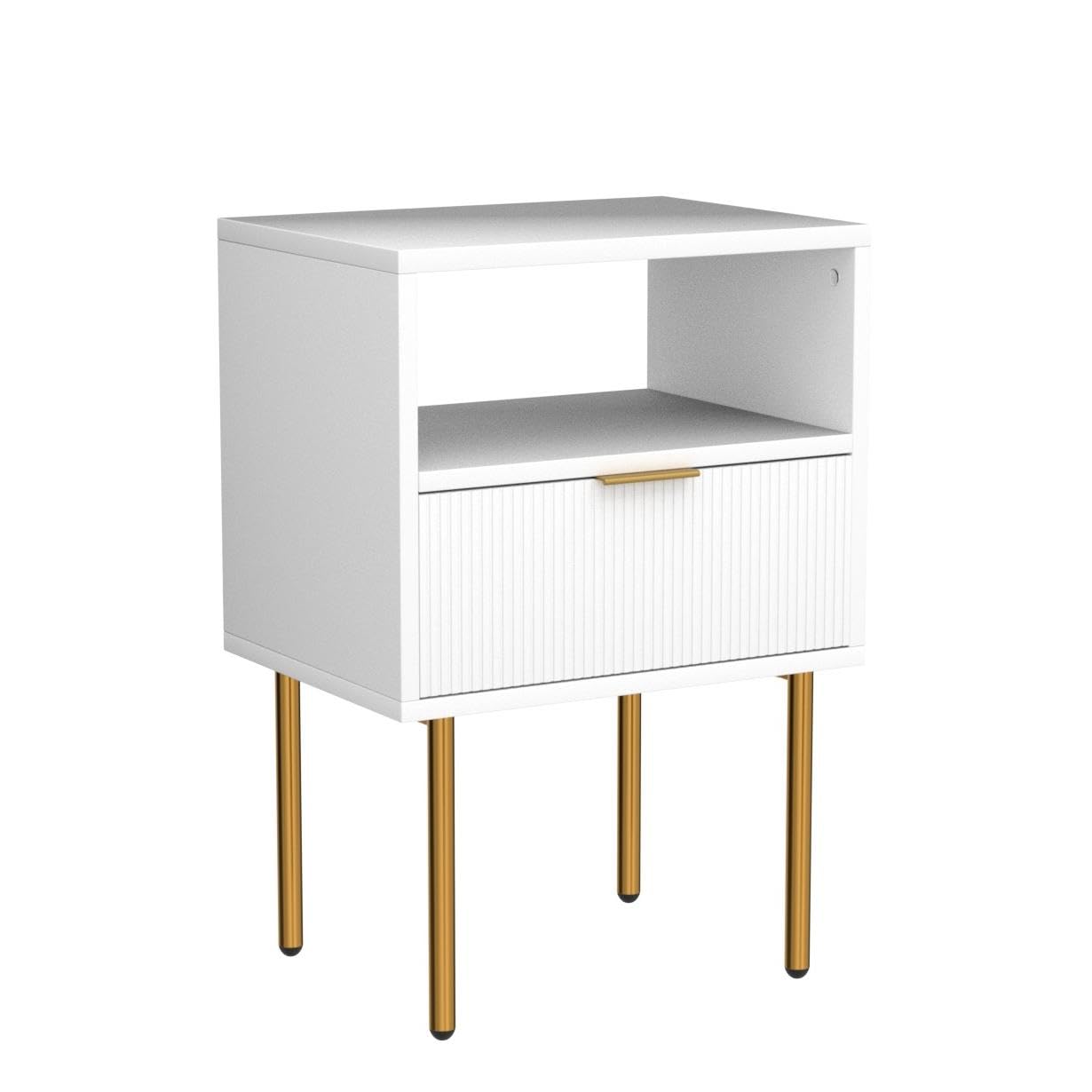 Aobafuir Nightstand, 2 Drawer Dresser for Bedroom, Small Side Table with 2 Drawers, Bedside Furniture, Night Stand, End Table with Gold Frame for Bedroom, Living Room, White Stripe