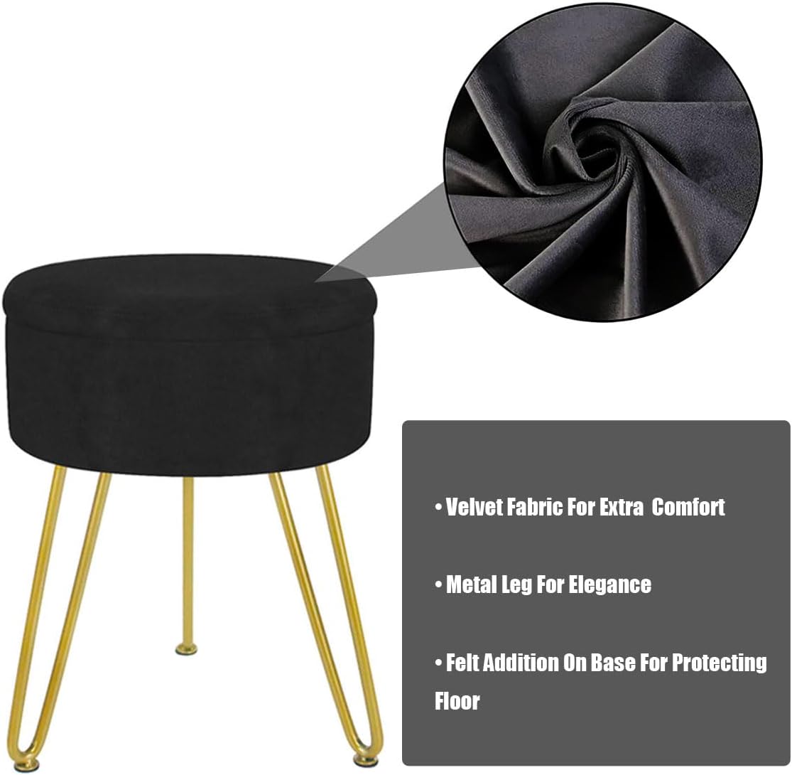 Round Velvet Storage Foot Stool,Multifunctional Vanity Stools,Upholstered Round Storage Ottomans Multipurpose,Ottoman Footrest Stool with Metal Legs For Living Room,Bedroom(Black)