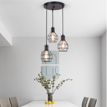 Ganeed Industrial Pendant Light, 3-Light Vintage Chandeliers Hanging Pendant Lighting Fixtures, Adjustable Height Pendant Ceiling Lamp with Metal Cage for Kitchen Living Dining Room Bedroom Hallway