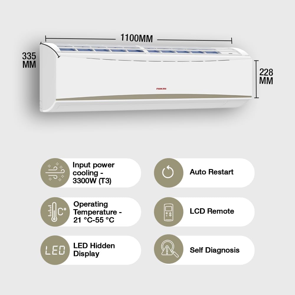 Nikai Split Air Conditioner 2 Ton, Energy Efficient Cooling with T3 Tropical Rotary Compressor, Turbo Mode with 4 Way Swing, 24000 BTU AC, Gold Fin, Auto Restart, Ideal for Home & Office NSAC24131N23