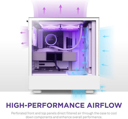 NZXT H5 Flow Compact ATX Mid-Tower PC Gaming Case – High Airflow Perforated Front Panel – Tempered Glass Side Panel – Cable Management – 2 x 120mm Fans Included – 280mm Radiator Support – White