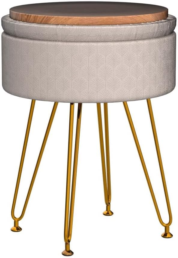 Cpintltr Footrest Footstools Round Velvet Ottoman with Storage Space Soft Vanity Chair with Memory Foam Seat Small Side Table Hallway Step Stool 4 Gold Metal Legs with Adjustable Footings Champagne