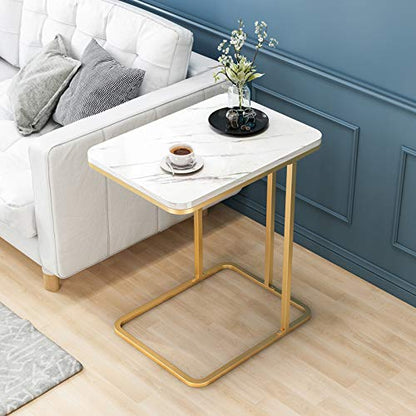 Coffee Tables for Living Room, Double-Layered Square End Side Tables Sofa Table, Modern Marble Nesting Table with Metal Frame Legs Set of 2 (White+square+Golden frame)