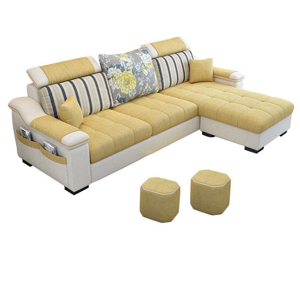 L Shape sofa 3 Seat Linen Living Room Sofa Set Home Furniture Modern Design Frame Soft Sponge Shape Home Furniture(Foot ped + 2 cloth stool),C