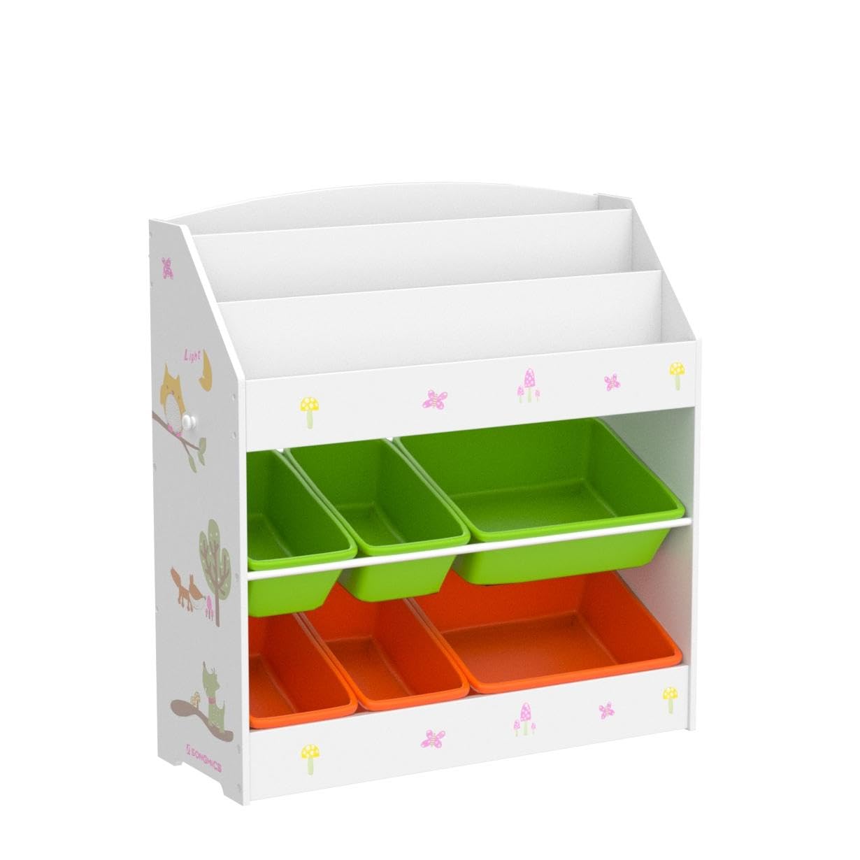 SONGMCIS Toy And Book Organiser For Children, With 3-Tier Bookshelf And 6 Removable Bins, Wooden Storage Unit And Rack For Playroom, Kid’S Room, Nursery, White, Green, Orange, 83 x 29.5 x 85.2 cm