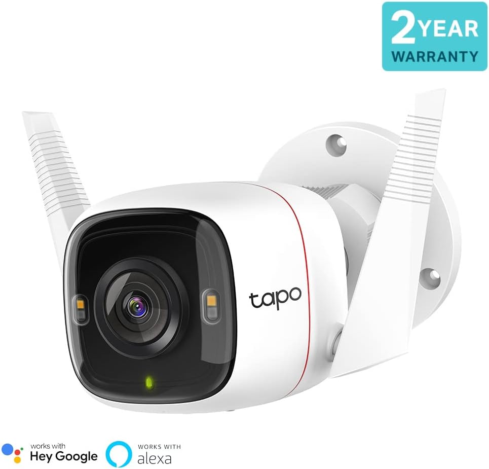 TP-Link Tapo Outdoor Security Camera/CCTV, Weatherproof, No Hub Required, Works with Alexa&Google Home, 3MP High Definition, Built-in Siren with Night Vision, 2-way Audio, SD Storage(Tapo C310)