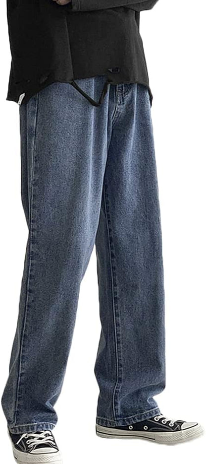 Rexcyril Men's Loose Fit Straight Leg Denim Jeans Baggy Wide Leg Plain Pants Trousers